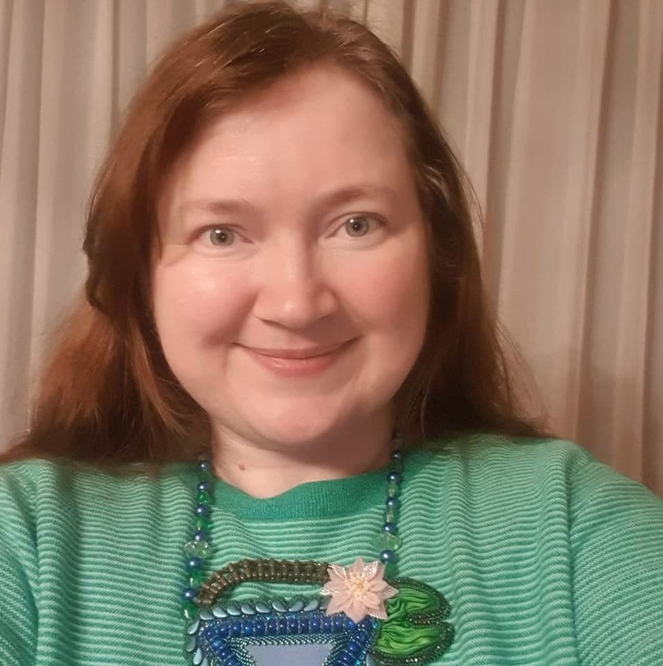 Elena Lazovik wearing one of her beadwork pieces.